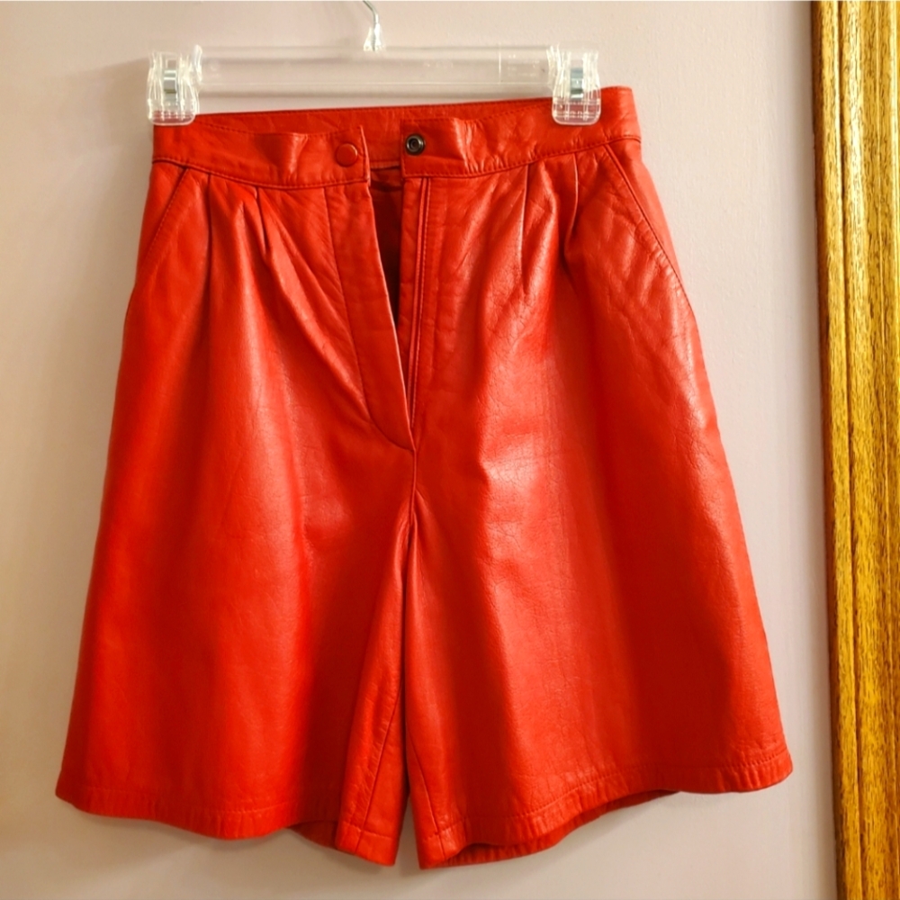 Red Leather High-Waist Shorts - Women Capris & Jumpsuits